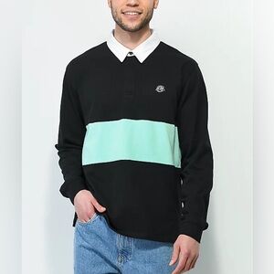 🌻Empyre Men’s Blocked Black & Blue Rose Long Sleeve Polo Shirt